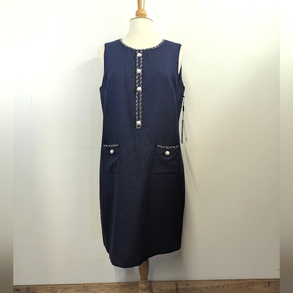 Karl Lagerfeld Elegant Navy Sleeveless Dress Shift Classic Chain Pearls 14 - Picture 3 of 17